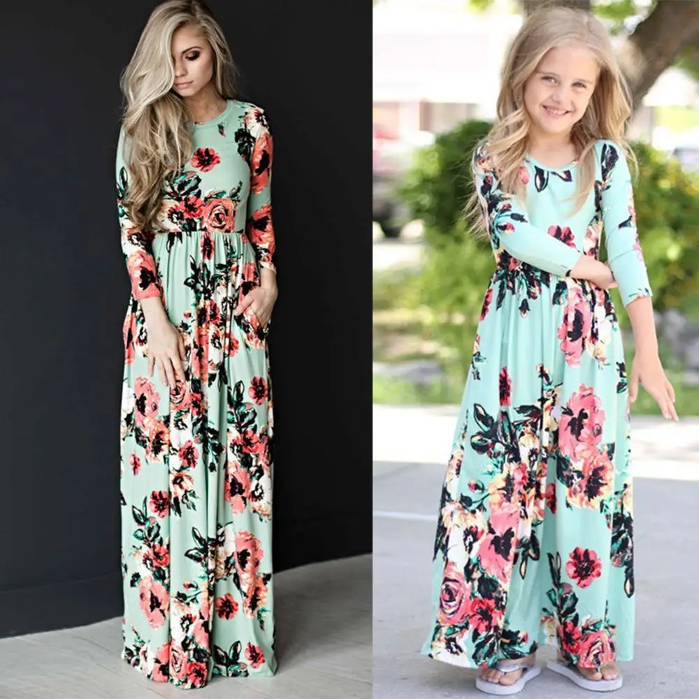 

Mother daughter Dresses Floral Nine Quarter Bohemia Long Dress Casual Sundress For Mom & daughter Dress Family Matching clothes