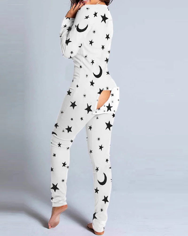 2020 Women Fashion Elegant Casual Star Moon Print Functional Buttoned Flap Adults Pajamas