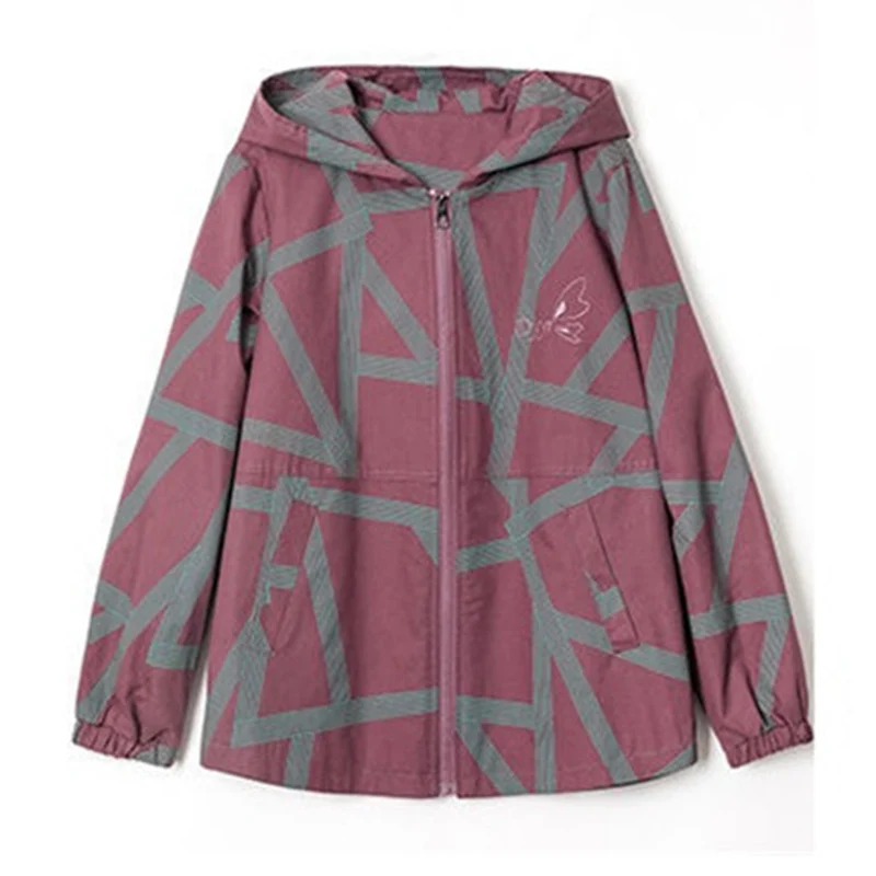 

Spring Autumn Female Windbreakers New Print Zipper Short Jacket Loose Plus Size 4XL Lining Thin Hooded Outerwear Women Tops 734