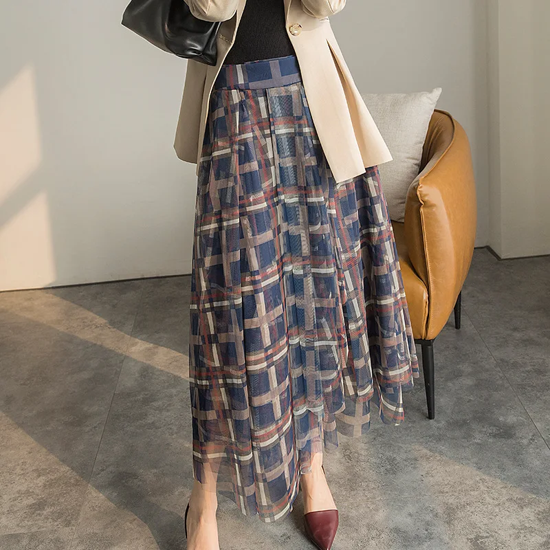 

2021 Spring Summer Women New High Waist Gauze Skirts Female A-line Thin Slim Plaid Skirt Office Lady Casual Streetwears Fashion