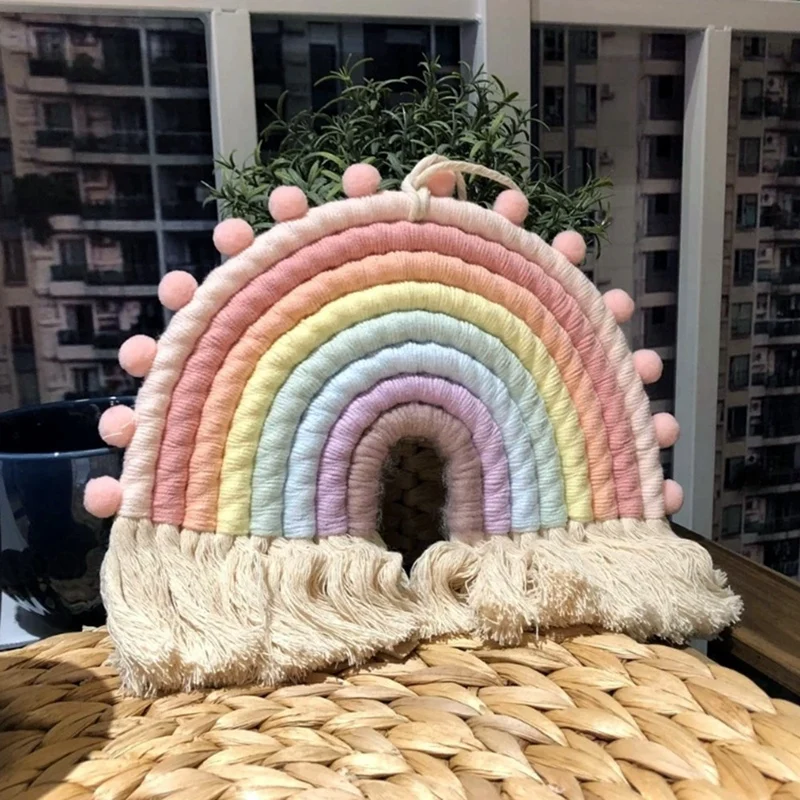 Tapiz de arco&iacute;ris tejido de 8 l&iacute;neas para colgar en la pared, colgante de Color para sala de estar, dormitorio, decoraci&oacute;n para el hogar-3