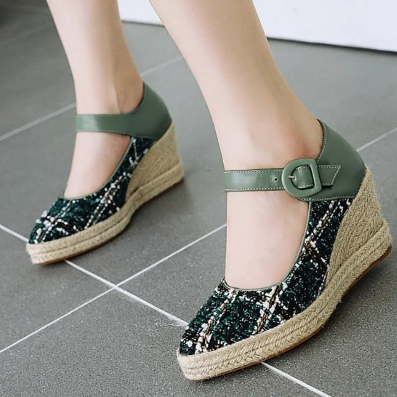 

Fanyuan Autumn Wedge High Heel PU Leather Antiskid Women Pumps Round Toe Buckle Platform Casual Ladies Single Shoes Size34-44