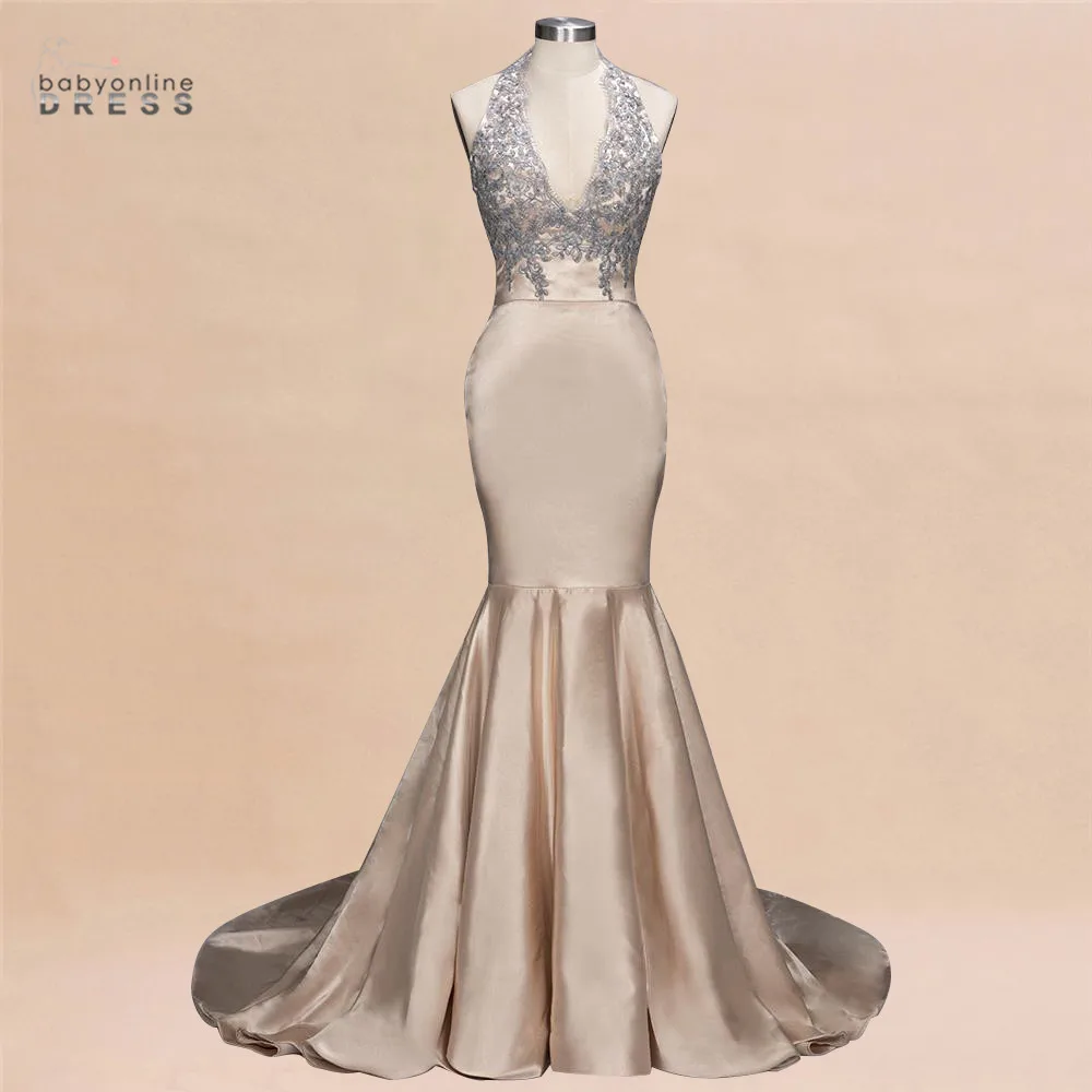 Золотое кружевное длинное вечернее платье русалки 2020 с лямкой на шее для