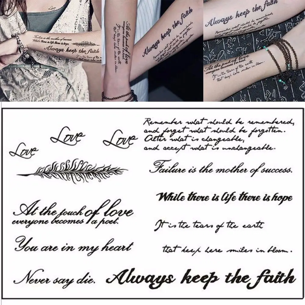 

_ Временная наклейка на английском языке с черными буквами, перьями, татуировки для боди-арта, водостойкая наклейка для временных татуирово...