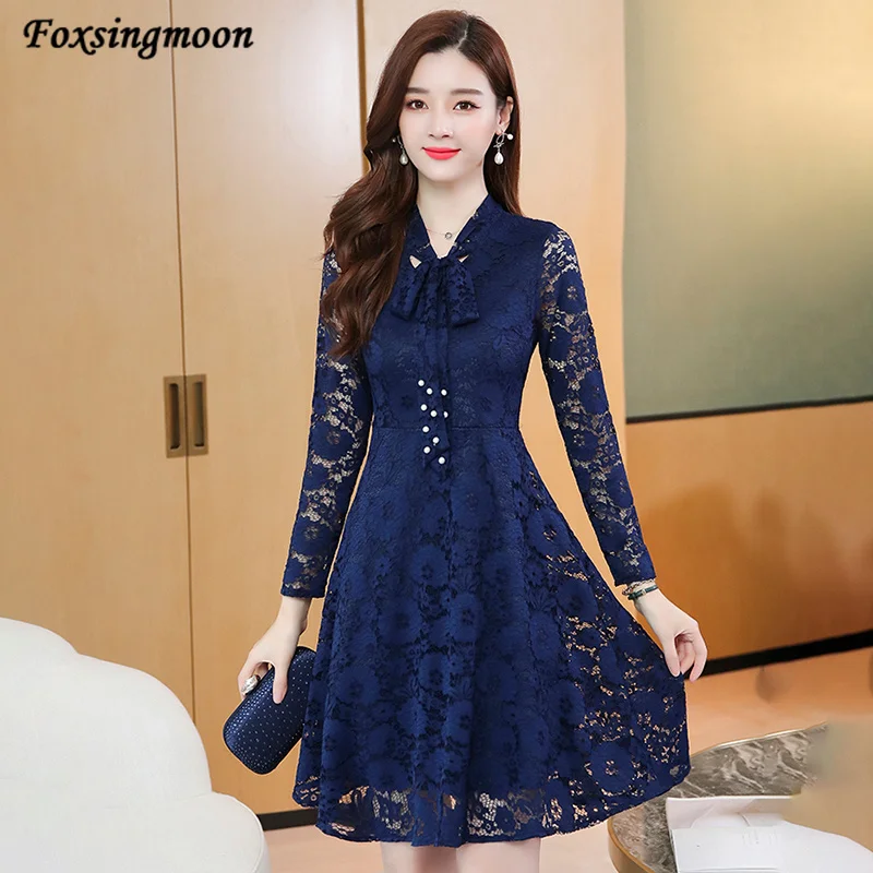 

New Lace Dress Women Dress Oversize M-5XL Elegant Lace Knee-length Autumn Fashion Loose Ladies Bow Mid-length A-Line Dresses