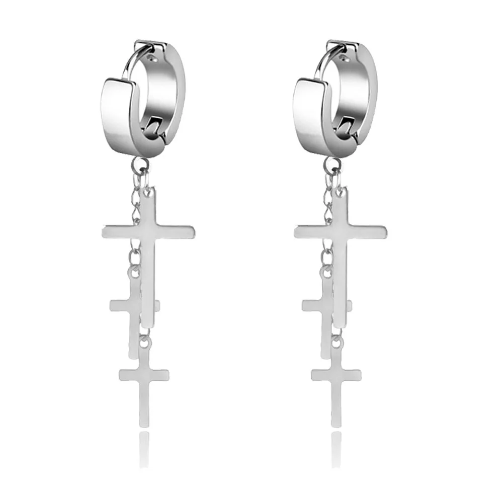 

6Pcs Huggie Stud Earrings Set for Mens Womens Stainless Steel Feather Corss Ball Studs Vintage Dangle Link Chain Earrings