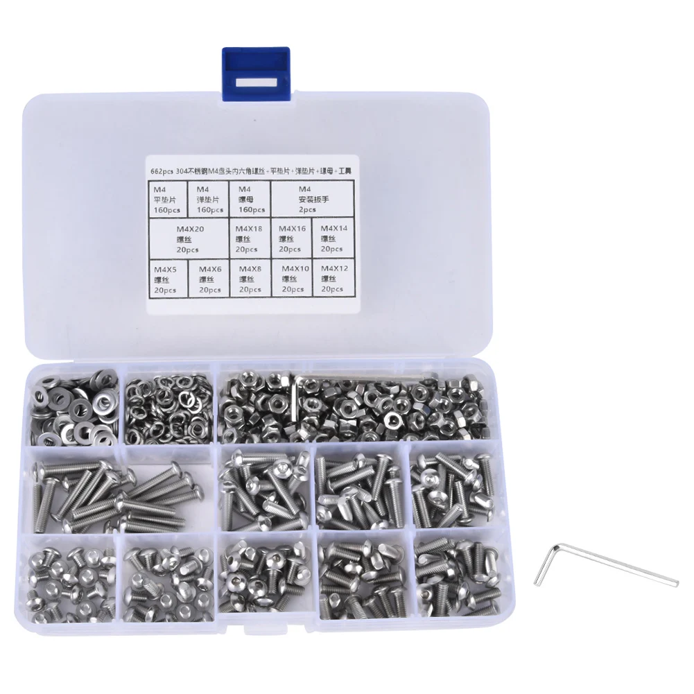 

662pcs SUS304 M4 Pan Head Hex Socket Screw Nut Flat Washer Spring Gasket Wrench Repair Kit