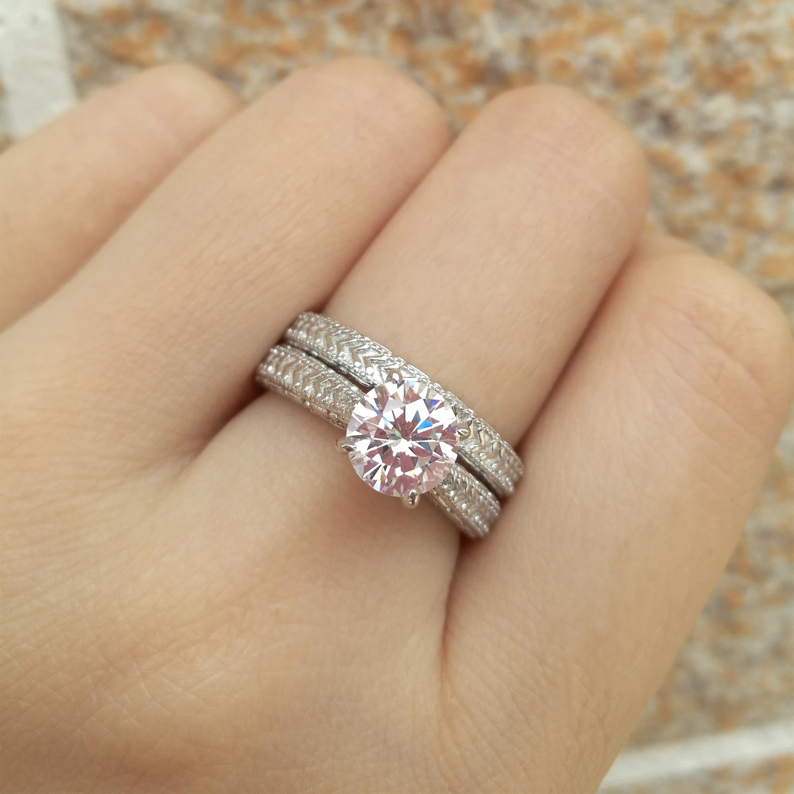 

Newshe Vintage Wedding Ring Set For Women 2 Pieces 925 Sterling Silver Round AAAAA Clear Zircons Engagement Rings Jewelry BR0922
