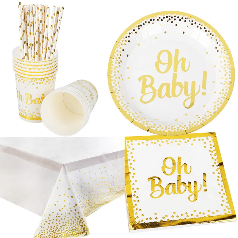 

Oh Baby Theme Party Decor Gold Dot Disposable Tableware Set Oh Baby Paper Plate Cup Napkin Baby Shower Decor Party Decorations