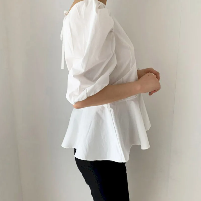 

South Korea chic summer retro V-neck slim slimming careful machine back tie hollow high waist puff sleeve shirt women