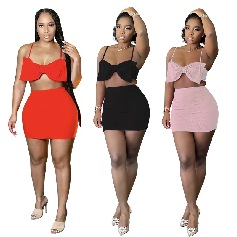 

Bow Two Piece Set Sexy Summer Outfits for Women 2021 Fashion Vacation Club Wear Skirt Suits