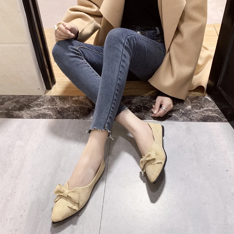 

2019 New Bow Flat Shoes Solid Pointed Toe Trendy Outdoor Casual Women's Shoes zapatos de mujer Flock Light elegant Spring Autumn