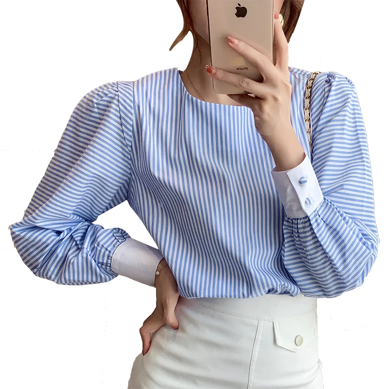 

COIGARSAM Full Sleeve blouse women New Summer Striped Loose O-Neck blusas womens tops and blouses 5215