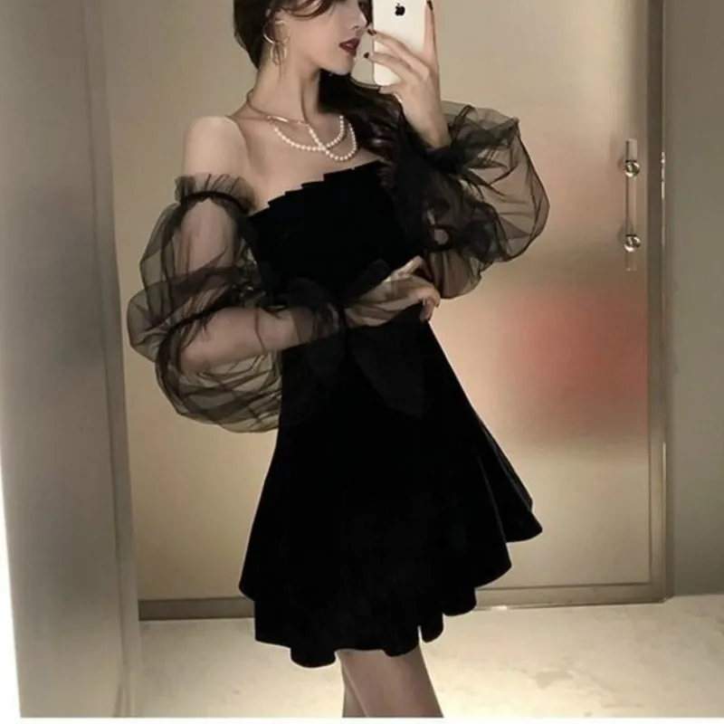 

2021 Black Retro Dress Women Autumn Lace Chiffon Retro Mini Dress Female Hepburn High Street Sexy Korean One-piece Dress Women