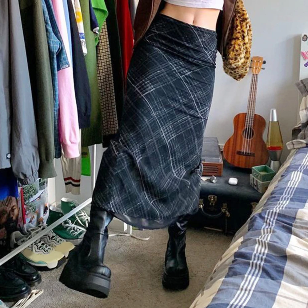 

2021 summer fashion high waist jacket long skirt sexy plaid print midi mesh hip wrap skirt for ladies