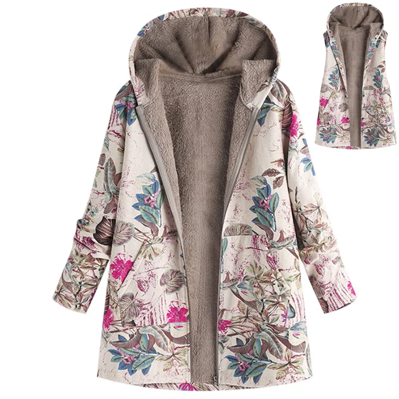 Women Outwear Floral Print Hooded Pockets Vintage Oversize Plush Coats S-5XL Plus Size Female Jacket Winter Warm Overcoat | Женская