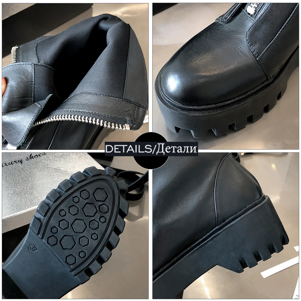 

WETKISS Genuine Leather Ankle Boots Thick Platform Skid Proof Shoes Women Round Toe Wedges Booties Front Zip Black Boot Flat