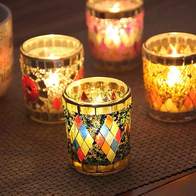 Europe Type Candle Cup Romantic Colored Flower Handcrafted Glass Mosaic Candlestick Wedding Bar Dinner Home Table Decoration
