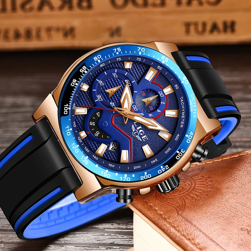 Часы наручные LIGE мужские с силиконовым ремешком брендовые Роскошные Кварцевые