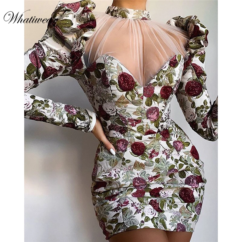 Whatiwear 2020 Summer Mini Dress Print Flower Party Streetwear Women Sexy Mesh See Though Vestidos de festa | Женская одежда