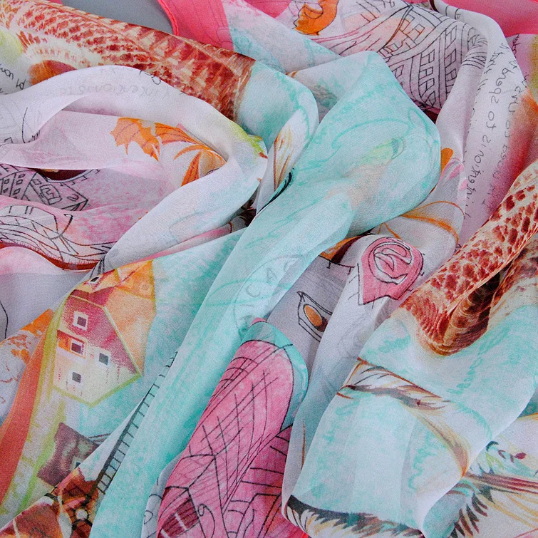 

2020 New building print Georgette chiffon scarf silk square hijab cool shawl ladies foulard femme Scarves hair bufanda mujer