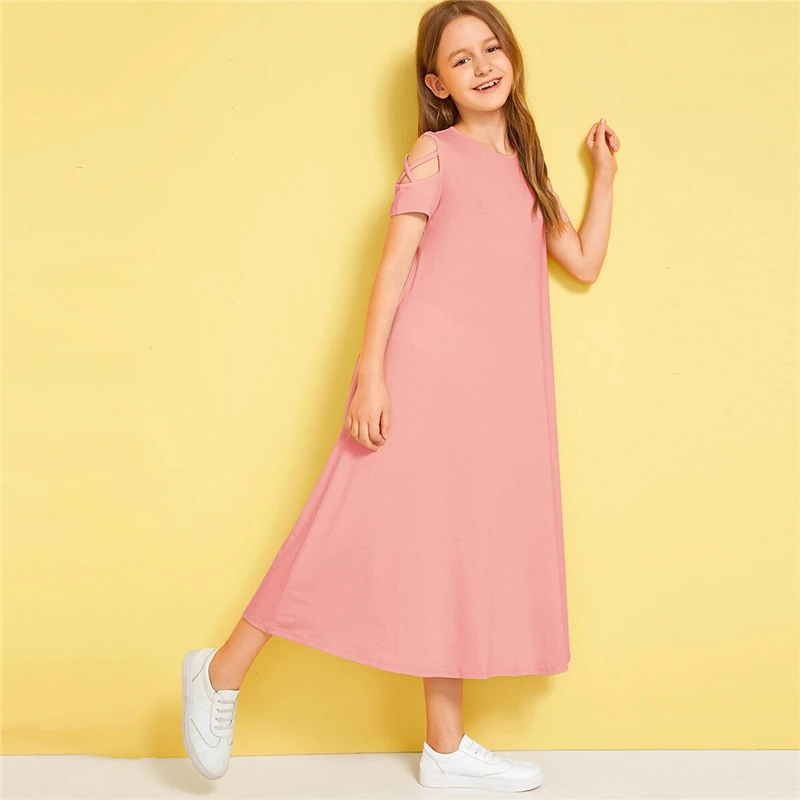 SHEIN/однотонное Повседневное платье с открытыми плечами и перекрещивающимися крест-накрест для детей; коллекция года; летние эластичные детские футболки с короткими рукавами
