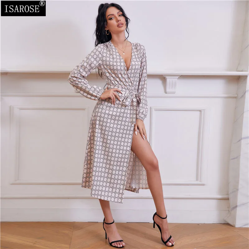 

ISAROSE Belted Dress for Women Geometric Printed Spring Autumn Long Lantern Sleeves Deep V Mid-calf Sexy Dresses Drop Shipping