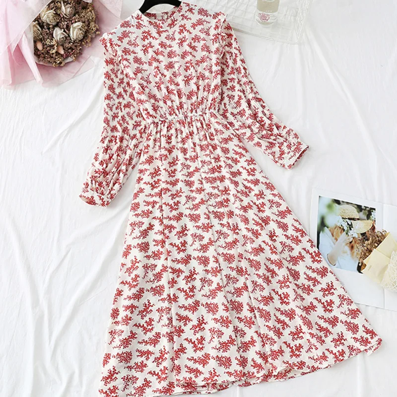 

Women Elegant Dress Stand Collar Ruffles Full Sleeve Elastic Waist Female Chiffon 2020 Midi Vestidos Femme Fashion Female Dress