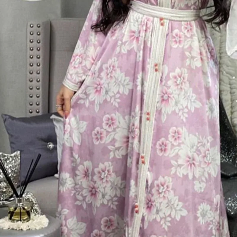 

Long Sleeve Maxi Dress for Women Sweet Blue Pink Dubai Abaya Fashion Ribbon Trim V Neck Muslim Spring 2021 New