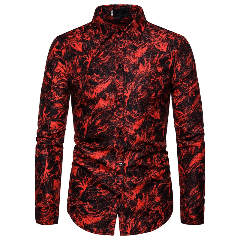 

Men red Floral Printed Nightclub hip hop stage performance casual shirt Slim fit male Long Sleeve Dress Shirts Chemise Homme