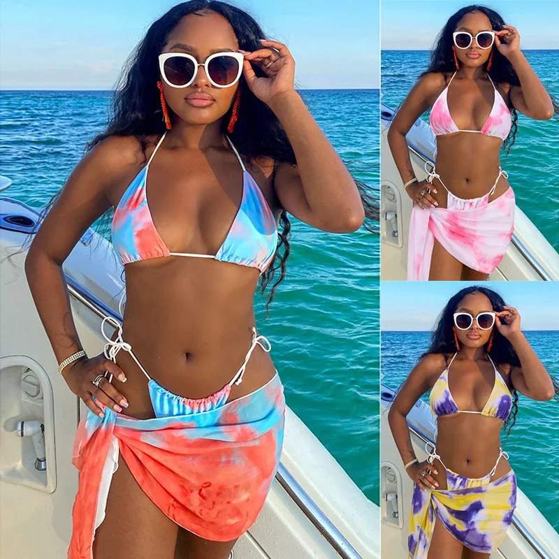 

Sexy 3 Piece Swimsuit Women Tie Dye Push Up Padded Biquini Brazilian Summer Bathing Suit Thong Bikini Swimwear -40