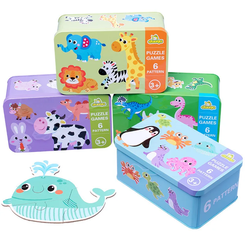 

Children's Creative Iron Box Puzzle Kindergarten Baby Early Education Cartoon Animal Traffic Wooden Puzzle Six-in-One Toy
