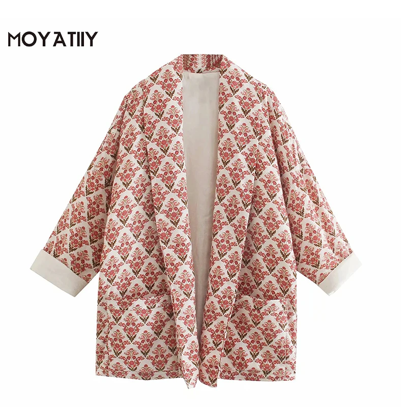 

MOYATIIY Women 2021 Fashion Floral Print Kimono Jacket Coat Luxry Wide Sleeve Open Stitch Overcoats Female Tops Outwear