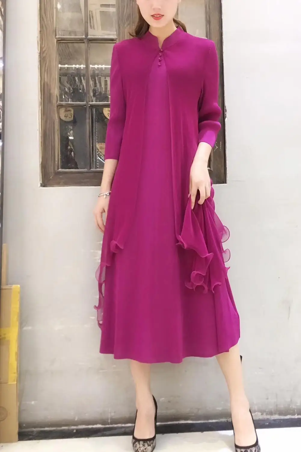 

HOT SELLING Miyake fashion fold pleats dress three quarter solid color stand collar straight ruffles dress IN STOCK