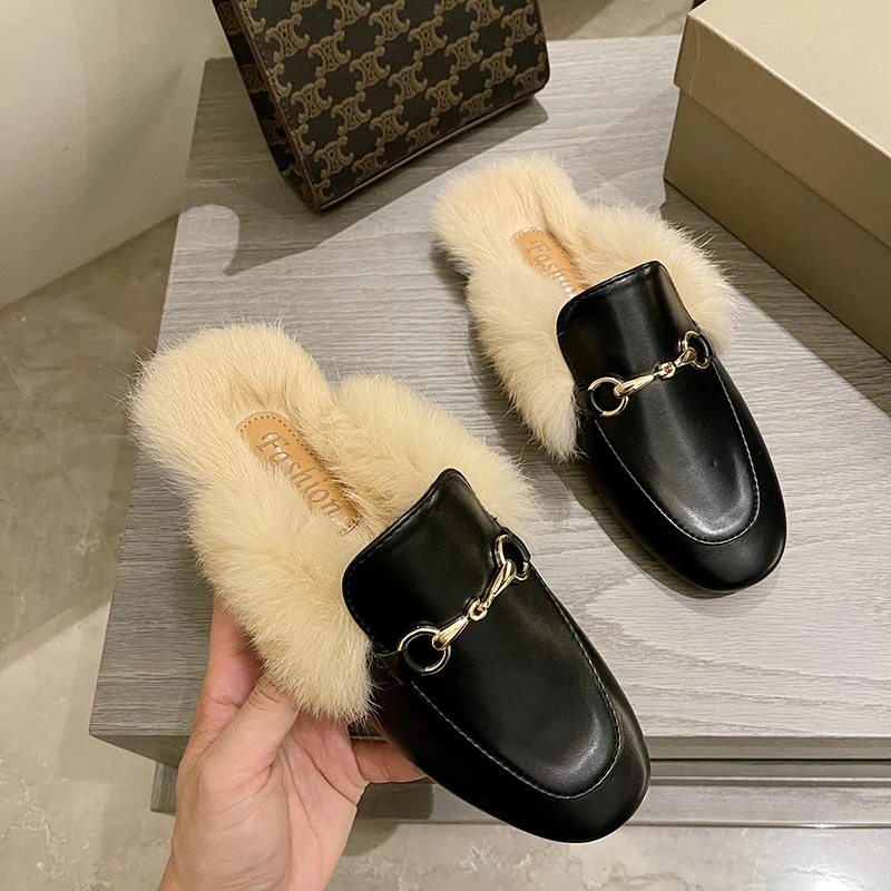 

Hairy Slippers Women's Autumn And Winter Wear New Muller Shoes Net Red Lazy Shoes Flat Rabbit Fur Baotou Flats Fashion Slippers