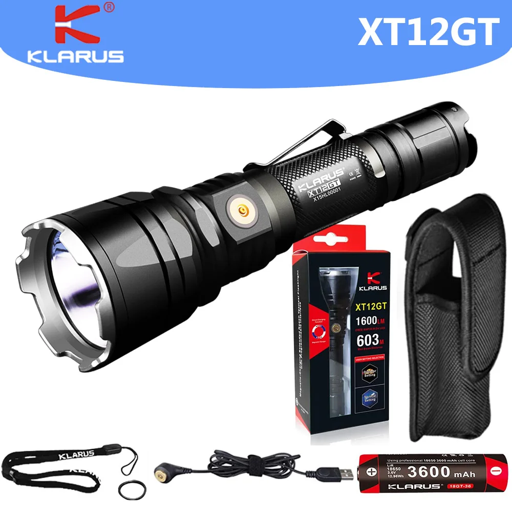 

Newest KLARUS XT12GT CREE LED XHP35 HI D4 1600 Lumens Tactical Flashlight USB charging by 3600 mAh 18650 includ Li-ion battery