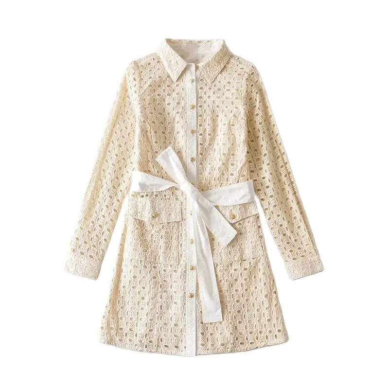 Женское платье с вышивкой Za плиссированное платье-рубашка длинным рукавом и