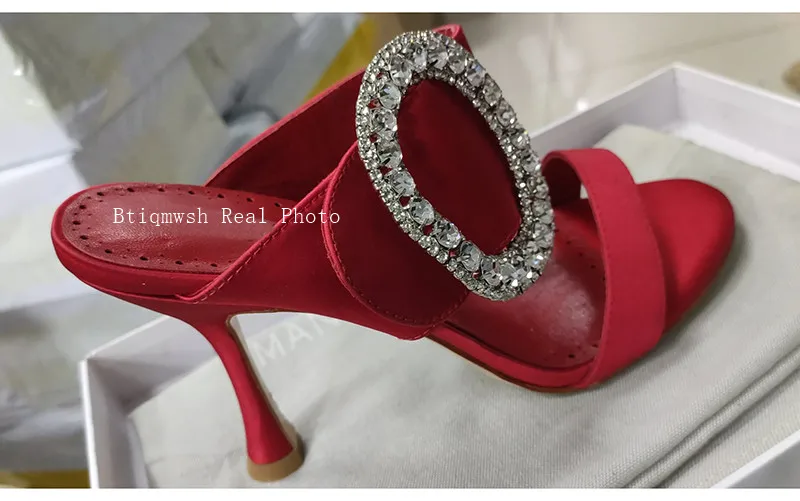 Satin Sandals Women Peep Toe Mixed Color Rhinestone Buckle High Heel Shoes Woman Sexy Party Shoes Mules Slippers