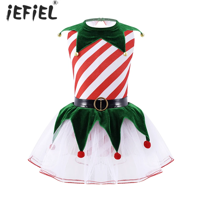 

Kids Girls Christmas Elf Dresses Stripes Pom Hem Mesh Ballet Tutu Dress with Bells Children Party Xmas New Year Fancy Dress