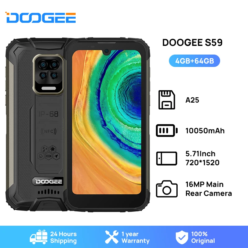 DOOGEE S59 Смарт прочный телефон 10050 мАч Батарея Мобильный смартфон 4 ГБ + 64 IP68 / IP69K 2 Вт