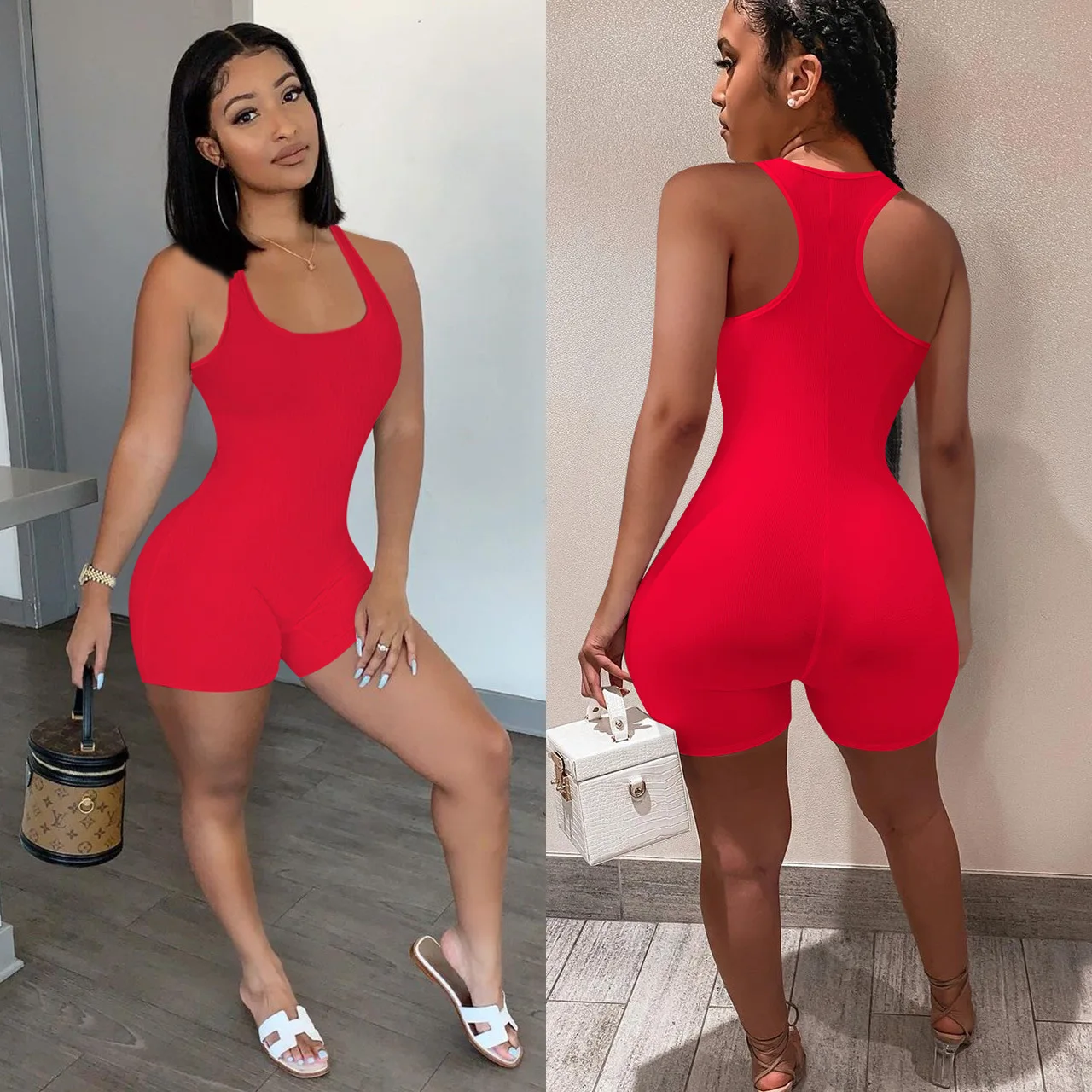 

Ribbed Jumpsuit for Women Vest Solid Color Shorts One Piece Set Casual Urban Multicolor Tight Fitting Slim Fit Bodysuits Rompers