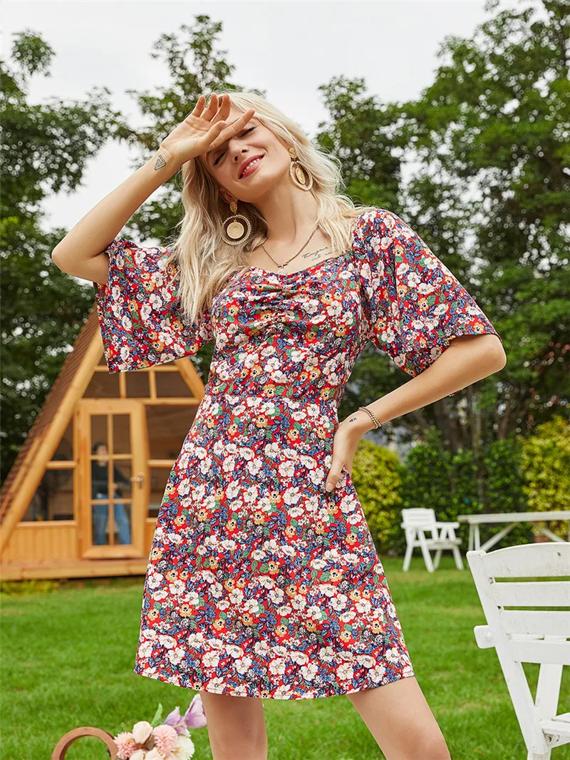 

Fashion Square Collar Flare Sleeve Summer Dress Women 2020 New Floral Empire Beach Dress Boho Streetwear Slim Vestido Robe Femme