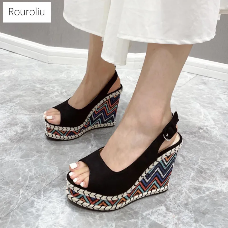 

2021 Thick Platform Sandals Women Summer Wedges Casual Shoes High Heel Flock Sandals Ladies Peep Toe Buckle Strap Sandals