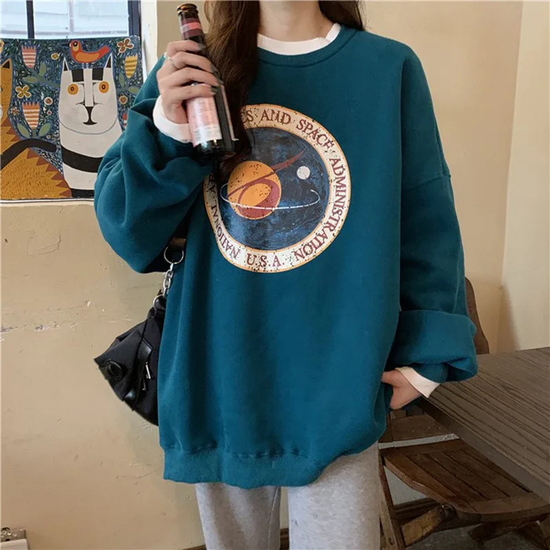 

Sweatshirt Women Korean 2020 Winter Casual Fashion Printing Thick Pullover O Neck Loose Fleece Oversize Women Sweatshirt