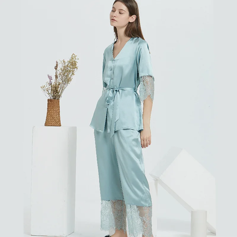 22 Momme 100% Silk Pajamas Lace Sexy Mulberry Silk Nightwear V-Neck Sleepwear Solid Color Half Loungewear Women with Belt