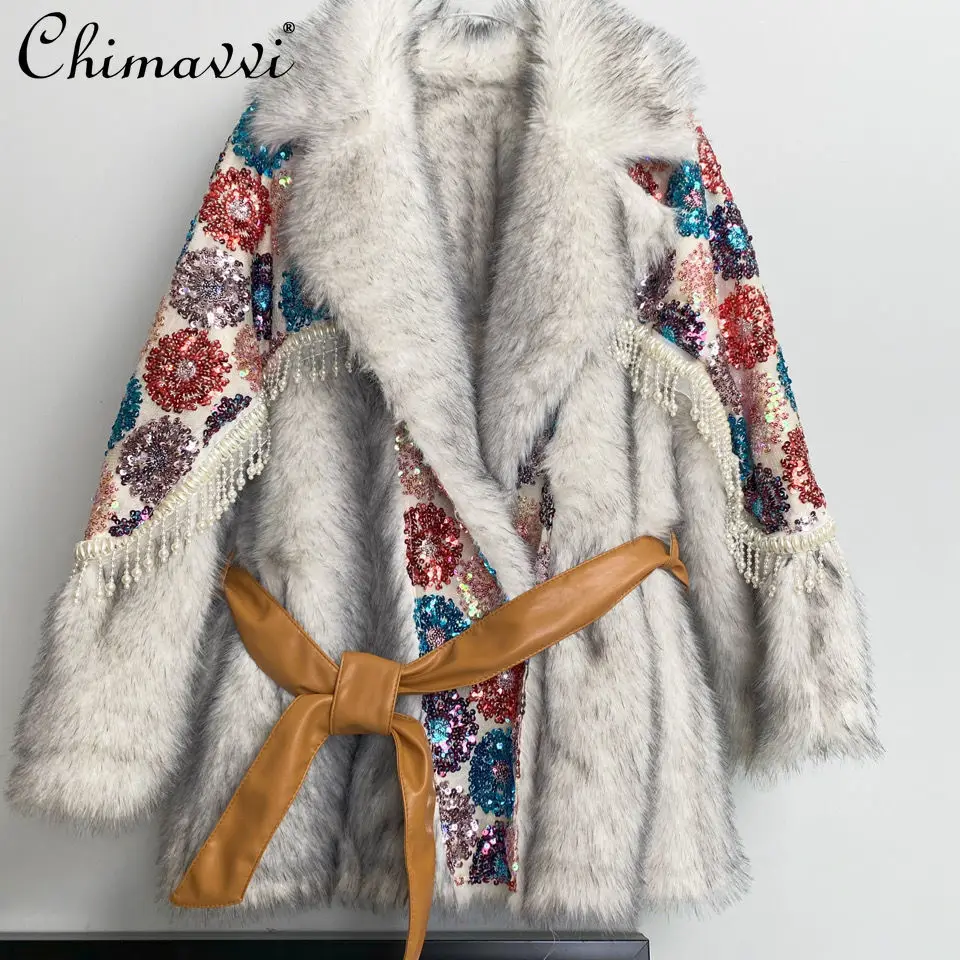 

European Style 2021 Winter Clothes Fashion Faux Fur Stitching Mink Fur Coat Heavy Embroidery Sequins Beaded Loose Luxury Coat
