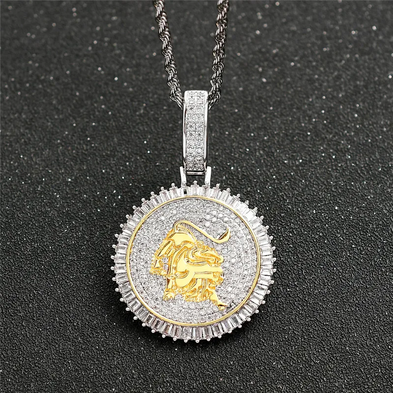 

New Iced Out Round Cow Pendant Micro Pave Square Cubic Zircon Necklace Hot ins Men'S Hip Hop Jewelry Accessories