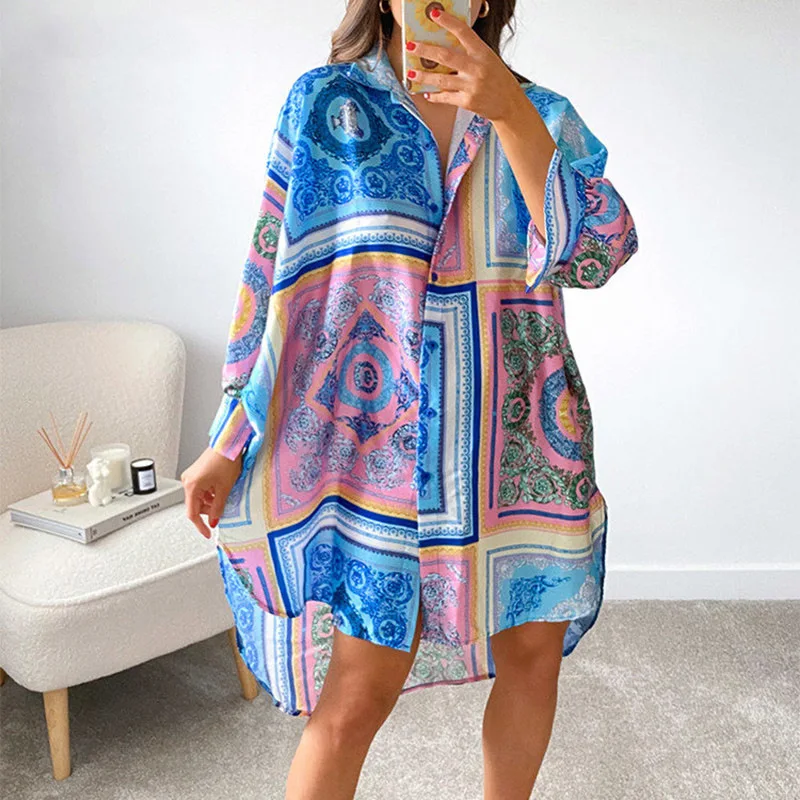 

2021 Summer Long Sleeve Beach Shirt Dress Women V Neck Y2K Print Blue Loose Sexy Party Casual Green Dresses Vintage Streetwear