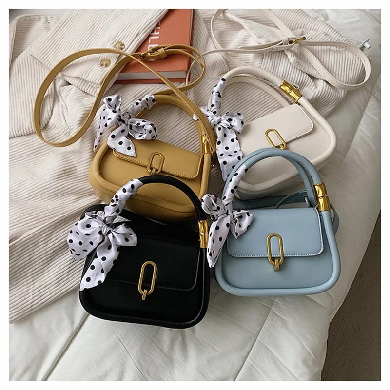 

Metal Handle Crossbody Bags for Women 2021 Mini Shoulder Bag PU Leather Scarves Luxury Handbag Ladies Coin Purse Shopping Bag