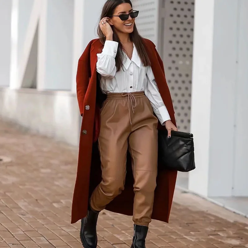 Женские брюки с высокой талией из искусственной кожи элегантные свободные